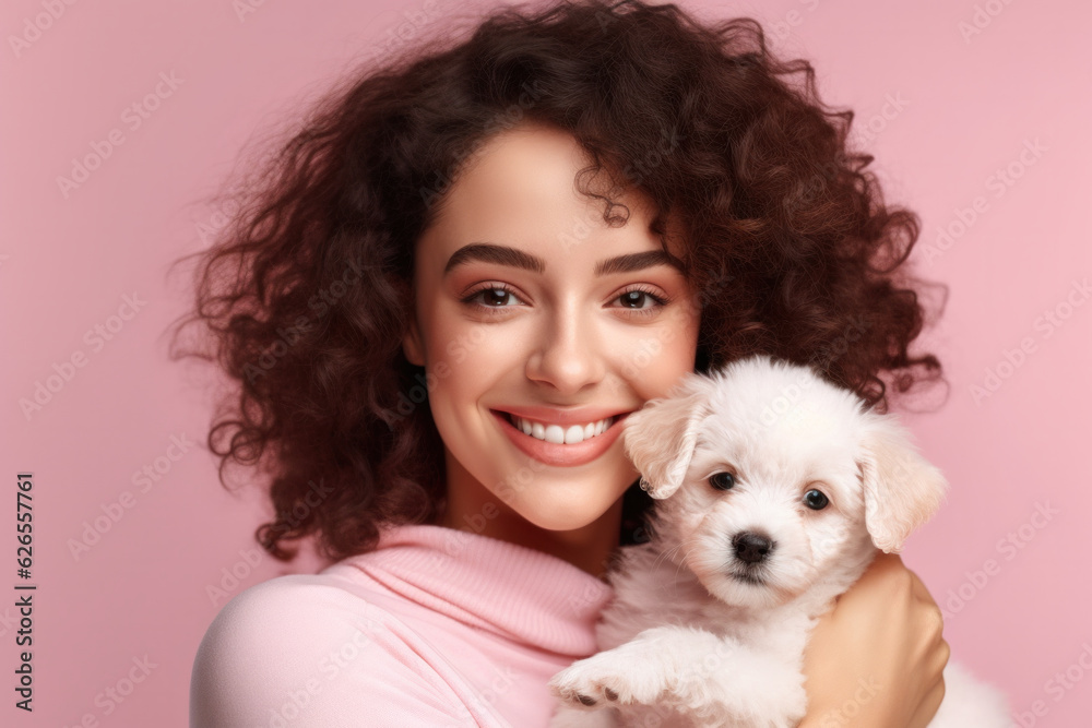 Portrait Of Cheerful Europian Girl With Cute Puppy On Copy Space. Dog Lover, Pet Care. Portrait Of Cheerful Europian Girl With Cute Puppy On Copy Space. Dog Lover, Pet Care.