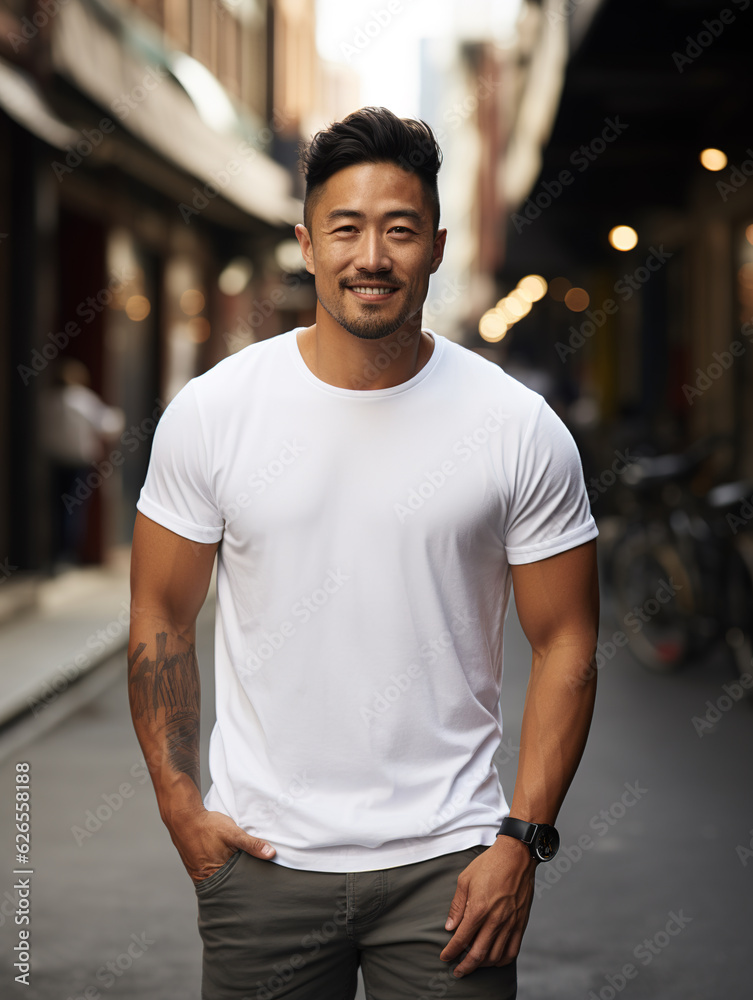Male Asian model in a classic white cotton T-shirt on a city street Generative ai