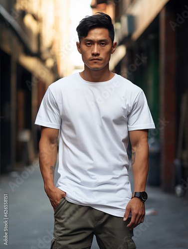 Male Asian model in a classic white cotton T-shirt on a city street Generative ai