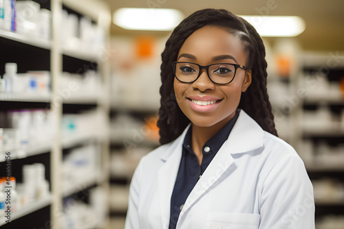 Afro American Woman Pharmacist Smiling at Camera at the Hospital Pharmacy: AI Generated photo