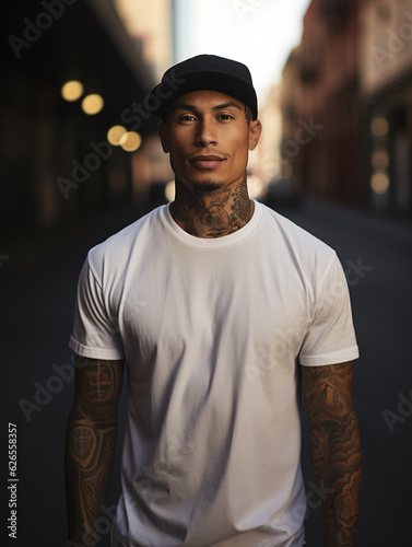 Canvas Print Male Latin model in a classic white cotton T-shirt and and cap on a city street