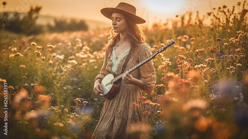Feminine woman wearing hat playing banjo in wildflower field