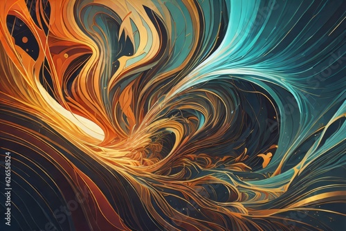 Picture illustrating an interaction of various shapes on a multihued backdrop, representing ideas associated with space, light, and energy dynamics. Created with generative AI tools