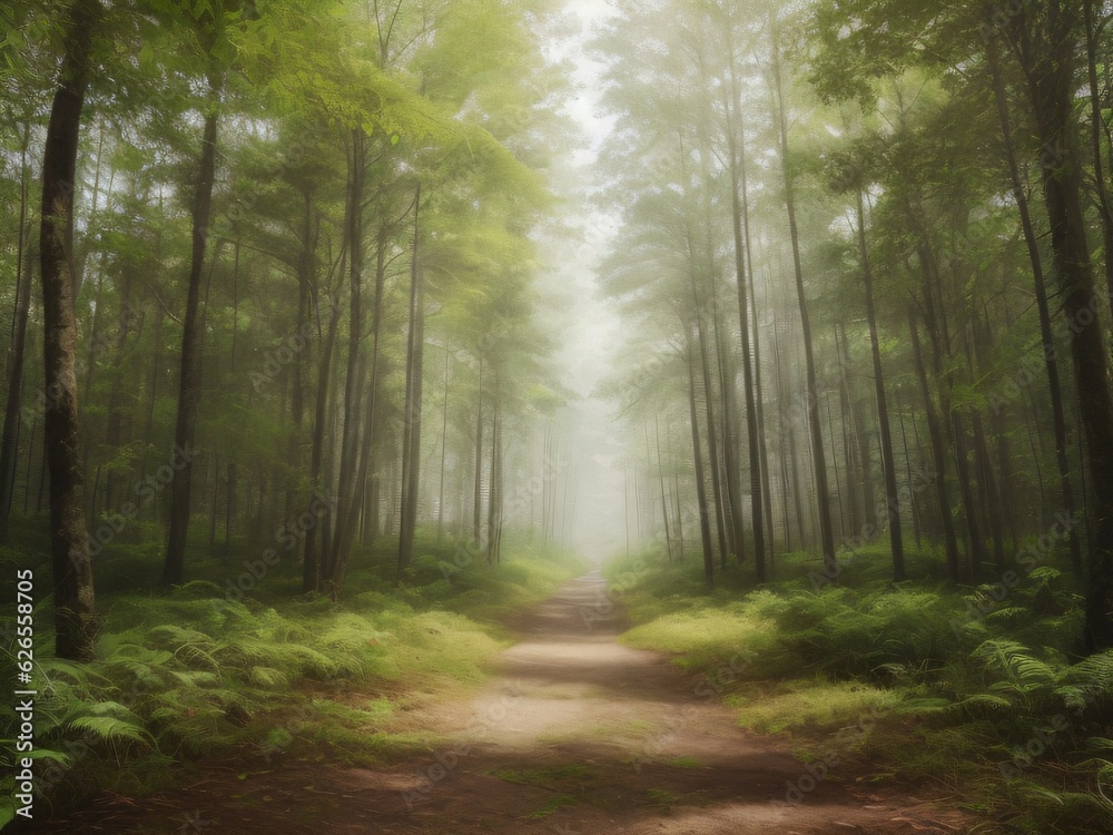 Dirt road in a picturesque misty forest, landscape. Created with generative AI tools Dirt road in a picturesque misty forest, landscape. Created with generative AI tools
