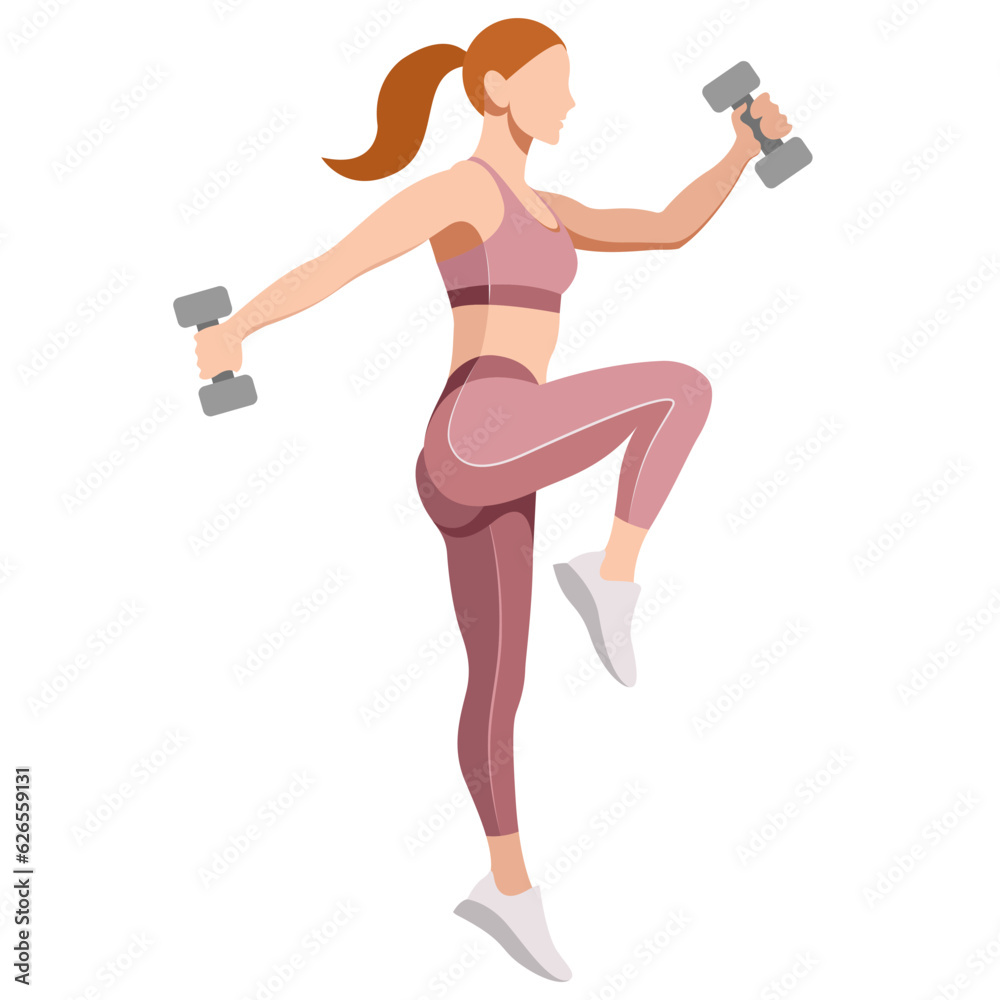 vector realistic image girl in a sports uniform (leggings and bra) is engaged in fitness, sports, aerobics, exercises with dumbbells, weights, leads an active lifestyle. isolated on white background. vector realistic image girl in a sports uniform (leggings and bra) is engaged in fitness, sports, aerobics, exercises with dumbbells, weights, leads an active lifestyle. isolated on white background.