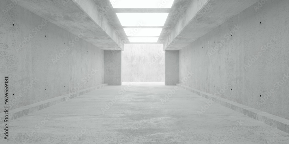 Abstract empty, modern concrete room hallway with row of lights and rough floor - industrial interior background template Abstract empty, modern concrete room hallway with row of lights and rough floor - industrial interior background template