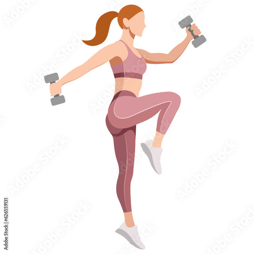 vector realistic image girl in a sports uniform (leggings and bra) is engaged in fitness, sports, aerobics, exercises with dumbbells, weights, leads an active lifestyle. isolated on white background.
