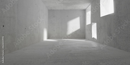 Abstract empty, modern concrete room with irregular openings in the right wall and rough floor - industrial interior background template