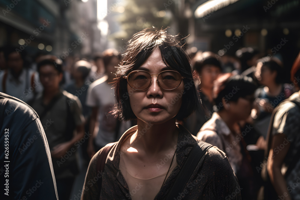 A middle-aged Asian woman walking briskly amidst a crowd of people, her face half-covered in shadows cast by the high-rise buildings, evoking a mysterious and determined expression. Generative AI A middle-aged Asian woman walking briskly amidst a crowd of people, her face half-covered in shadows cast by the high-rise buildings, evoking a mysterious and determined expression. Generative AI