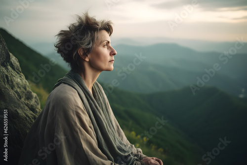 A middle-aged woman of Caucasian background practicing meditation on a mountaintop, connecting with nature and finding solace in the serene surroundings. Generative AI
