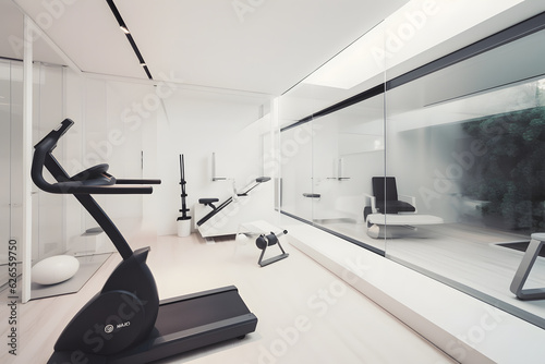 Minimalist home gym with white walls, rubber flooring, and state-of-the-art exercise equipment. Generative AI