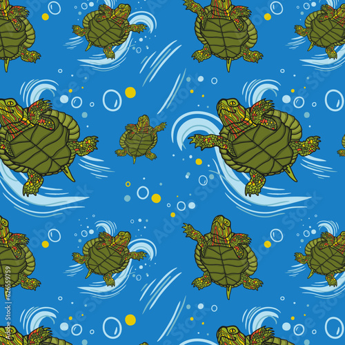 Seamless vector background pattern of painted turtles swimming. Great for fabric, wallpaper, print and textiles. Hand drawn illustration.  (ID: 626559759)
