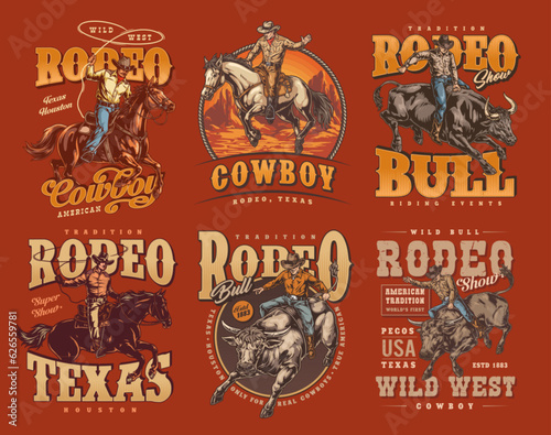 Leinwand Poster Cowboy rodeo set flyers colorful