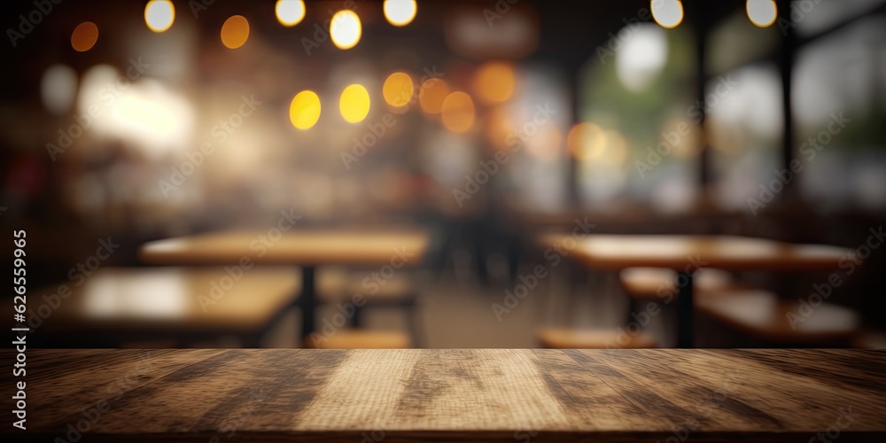 Empty wooden table with bokeh lights in front of a cafe background. This mockup can be used to display or montage your products. Generative AI