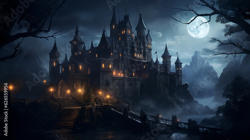 Fantasy castle gleams under the night moon. AI Generative.