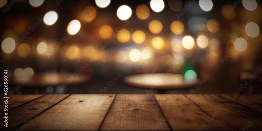 Empty wooden table with bokeh lights in front of a cafe background. This mockup can be used to display or montage your products. Generative AI Empty wooden table with bokeh lights in front of a cafe background. This mockup can be used to display or montage your products. Generative AI