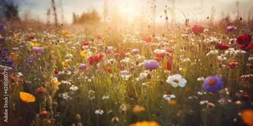 Beautiful blooming wild flower meadow in summer. Generative AI © LeitnerR