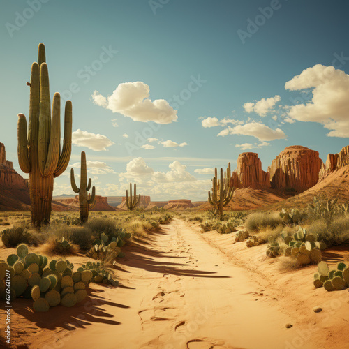 Tableau sur toile Green cacti standing in a beige desert