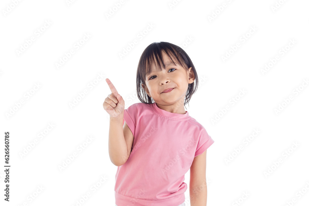 Little Asian girl posing finger pointing up isolated on white background with clipping path. Back to school. Little Asian girl posing finger pointing up isolated on white background with clipping path. Back to school.
