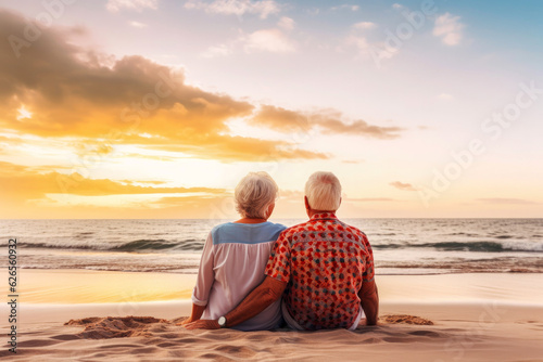 Senior couple sitting at the beach in sunny day. Generative AI