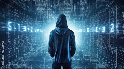 Hacker Abstract Art. Hacker digital cybercrime concept. Hacker in hoodie dark theme. background with a copy space. Made With Generative AI.