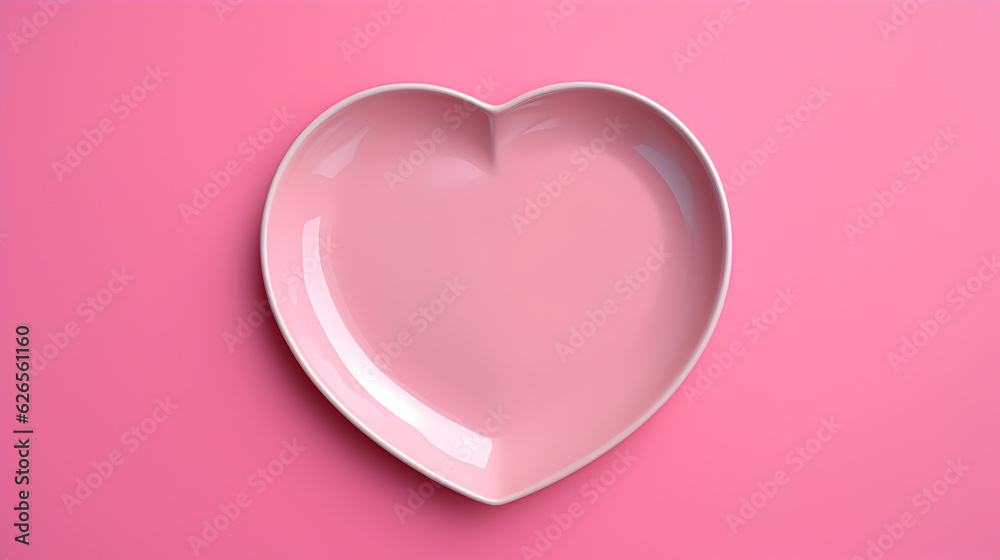 Heart shaped plate on pink background with copy space. Concept of love and happiness on Valentine's Day. Generative AI