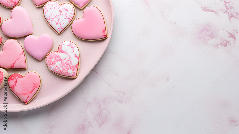 Pink plate with decorated heart-shaped cookies on marble background, top view. Place for text. Generative AI