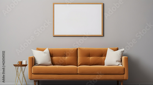 Mockup of canvas frame with brown sofa. Minimalist space. 3d rendering. Generative AI