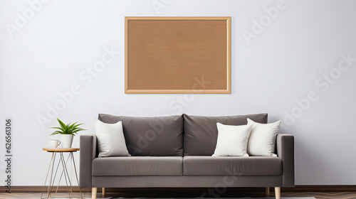 Mockup of canvas frame with brown sofa. Minimalist space. 3d rendering. Generative AI © lutsenko_k_