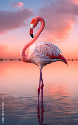 Close-up of a pink flamingo against a pink sky and water background  standing in a pink lake. Generative AI