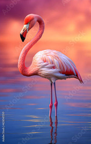 Close-up of a pink flamingo against a pink sky and water background  standing in a pink lake. Generative AI