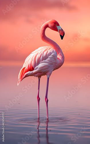 Close-up of a pink flamingo against a pink sky and water background, standing in a pink lake. Generative AI