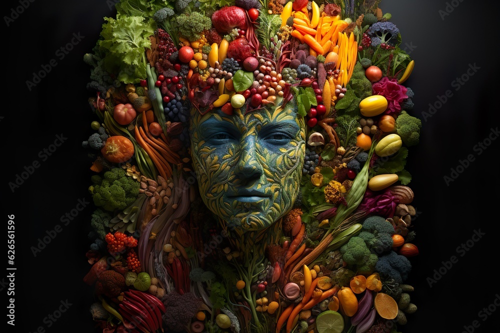 Human portrait made by fruits and vegetables. Healthy organic food with nutrients and vitamins necessary for health. Generative AI.