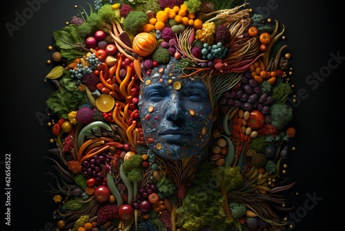 Human portrait made by fruits and vegetables. Healthy organic food with nutrients and vitamins necessary for health. Generative AI. © lukjonis