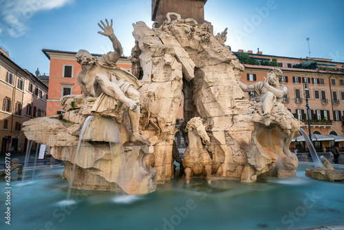 Close up view of Fountain dei Quattro at Piazza Navona on sunny summer day