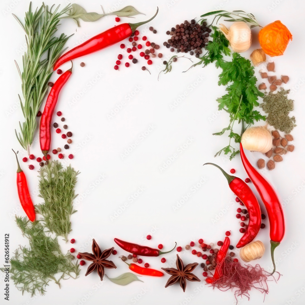 Frame of spices for the design of cooking materials, menus, recipes, labels with empty space in the center on a light background