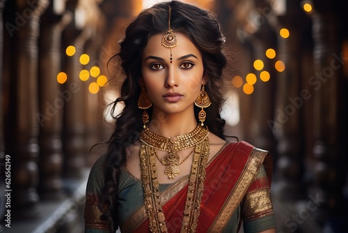 Close-up portrait of an Indian princess. A beautiful young woman in a traditional Hindu dress and jewelry looking at camera.
