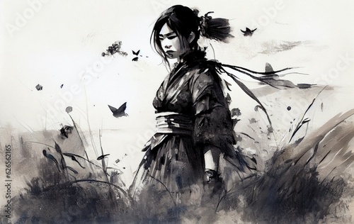 Geisha Japanese ink painting on paper background. Generative AI
