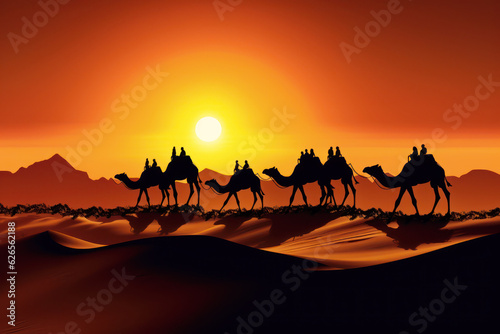 Row of Camels are walking through the dessert with sunset in background.
