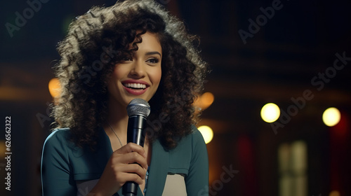 Stand Up Comedian African American Woman Holding Microphone on Stage Giving Performance. Dress. Portrait Red Lip Stick. Concept of Telling Joke, Performing, Comedy Club, and Stage.  Portrait Close Up.