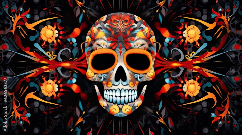 Dia de Los muertos. Day of the dead mexican background. Death festival celebration with skulls. AI illustration.
Dia de Los muertos. Day of the dead mexican background. Death festival celebration with skulls. AI illustration.