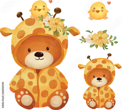 Cute bear in yellow giraffe pajamas