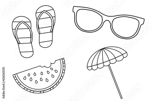 Vector outline summer design elements. Isolated outline icons for summer and vacation concept. Beach umbrella, watermelon, sunglasses and flip flop icons isolated on white background.