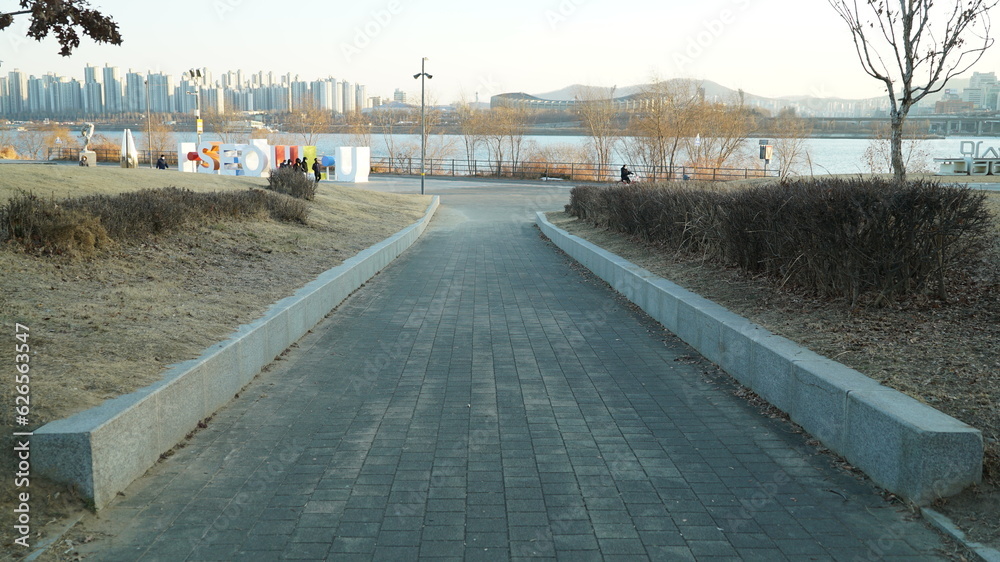 Downhill trails in an outdoor park along the river in Seoul