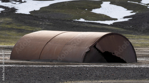 Abandoned norwegian whale hunter station rusty blubber tanks