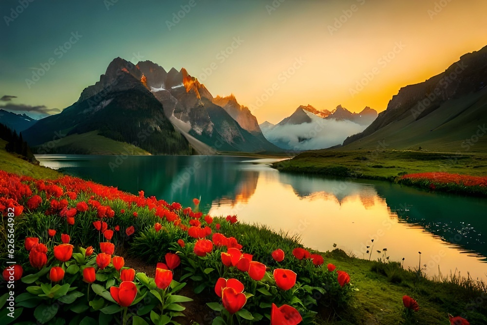  An amoureux de la nature on a high mountaintop at sunrise, surrounded by snow-capped peaks, vast valleys