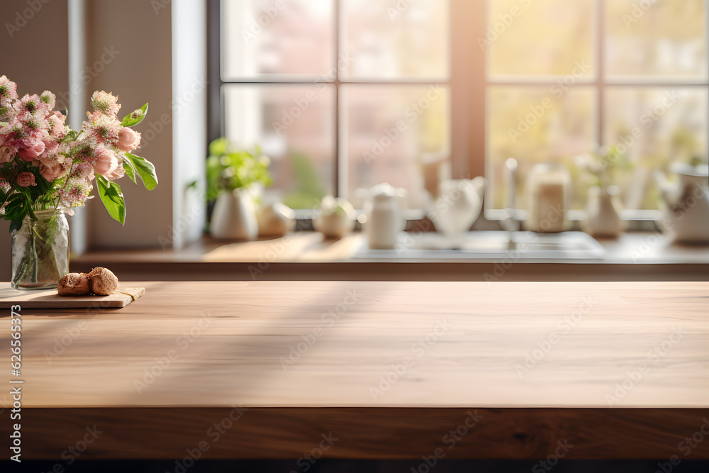 Empty wooden tabletop with blurred kitchen background with windows Empty wooden tabletop with blurred kitchen background with windows