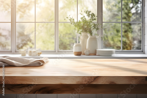 Stampa su tela Empty wooden tabletop with blurred kitchen background with windows
