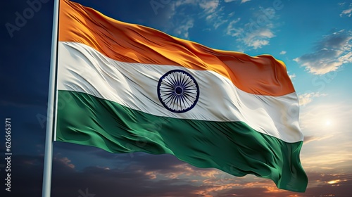 Indian flag with blue sky background and sun ray, Indian Independence day 15th august 2023