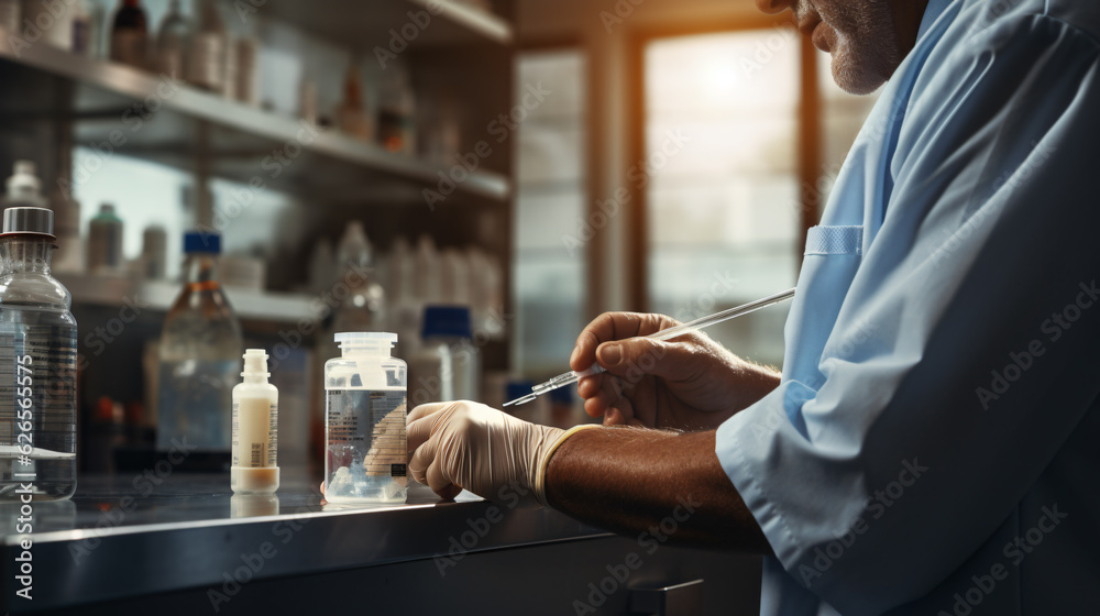 Fototapeta premium hand of a doctor giving shot vaccine into patient test